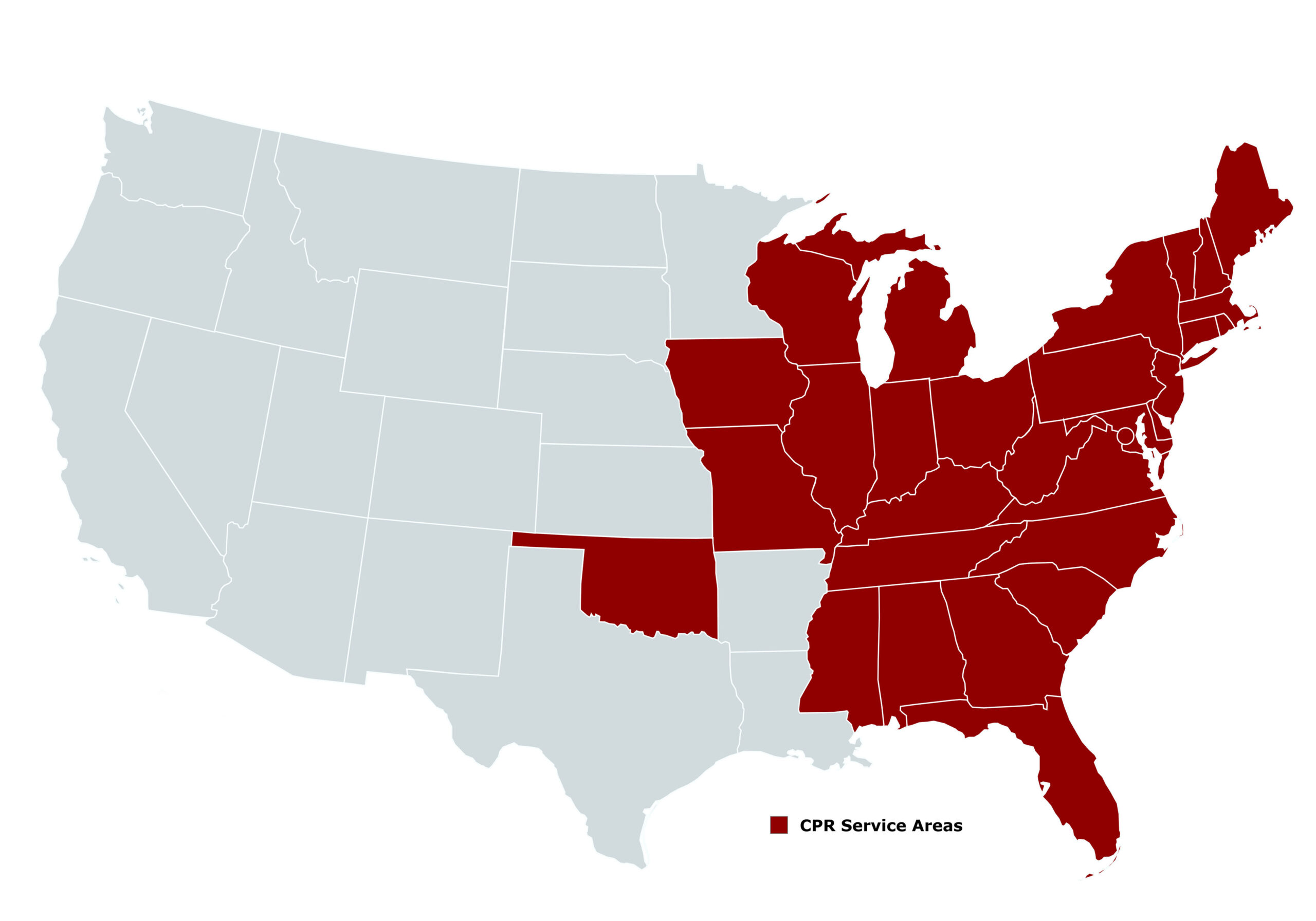 Map showing Cleveland Pump Repair’s service coverage across the Midwest, Northeast, and Southeastern United States, including states from Oklahoma to Maine and Florida.