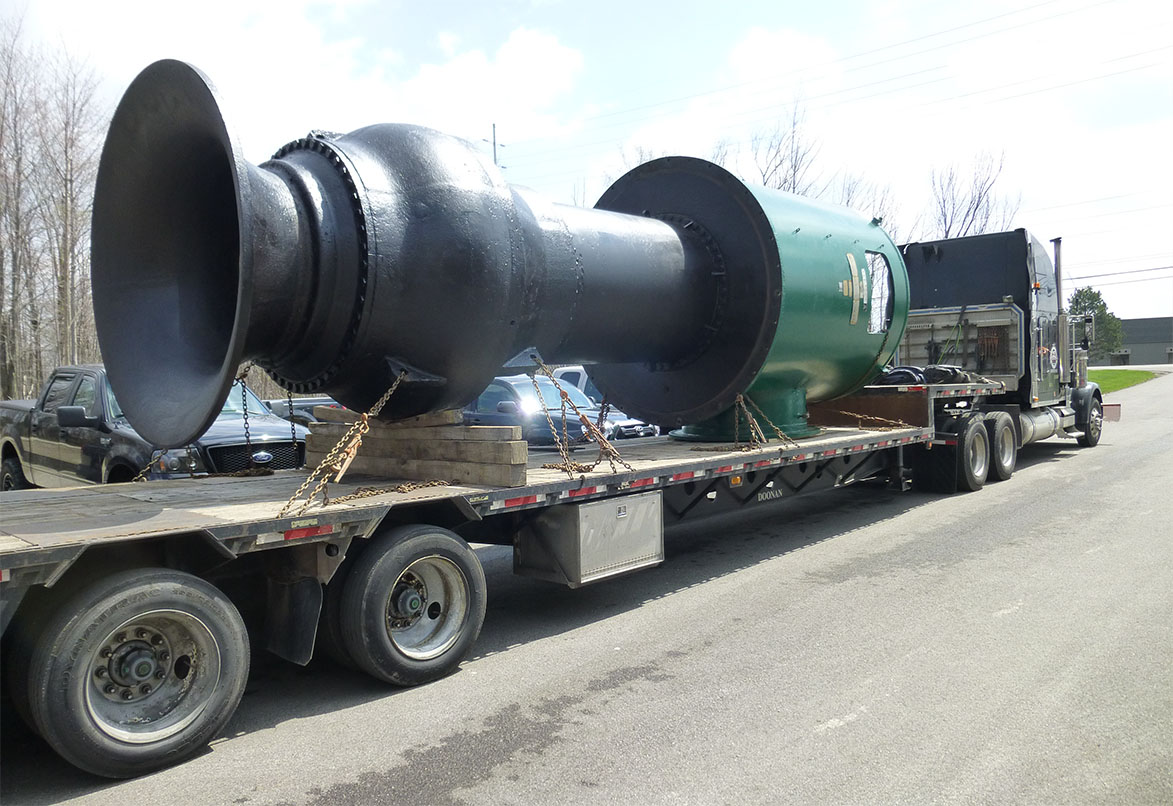 Large vertical turbine pump loaded for transport after overhaul by Cleveland Pump Repair.